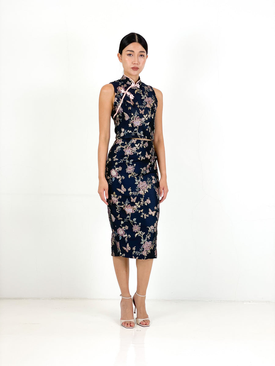 Brocade Pencil Skirt | Navy  Chinoiserie