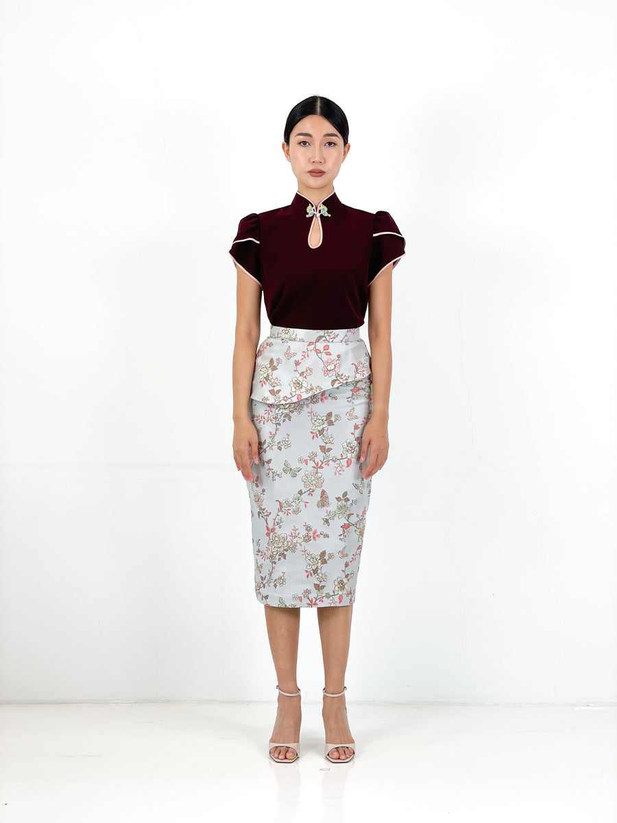 Brocade Peplum Pencil Skirt | Blue Floral