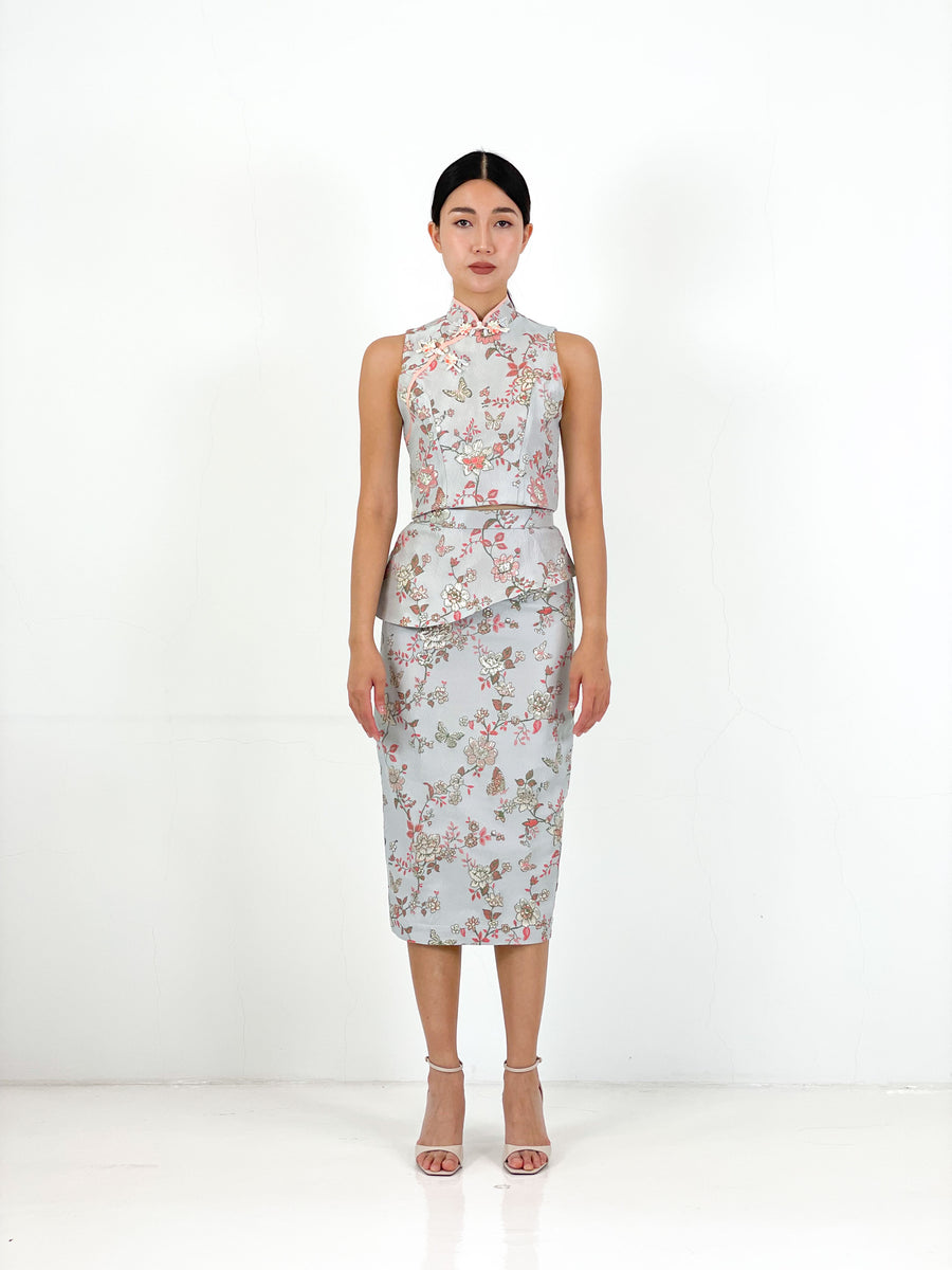 Brocade Peplum Pencil Skirt | Silver Chinoiserie