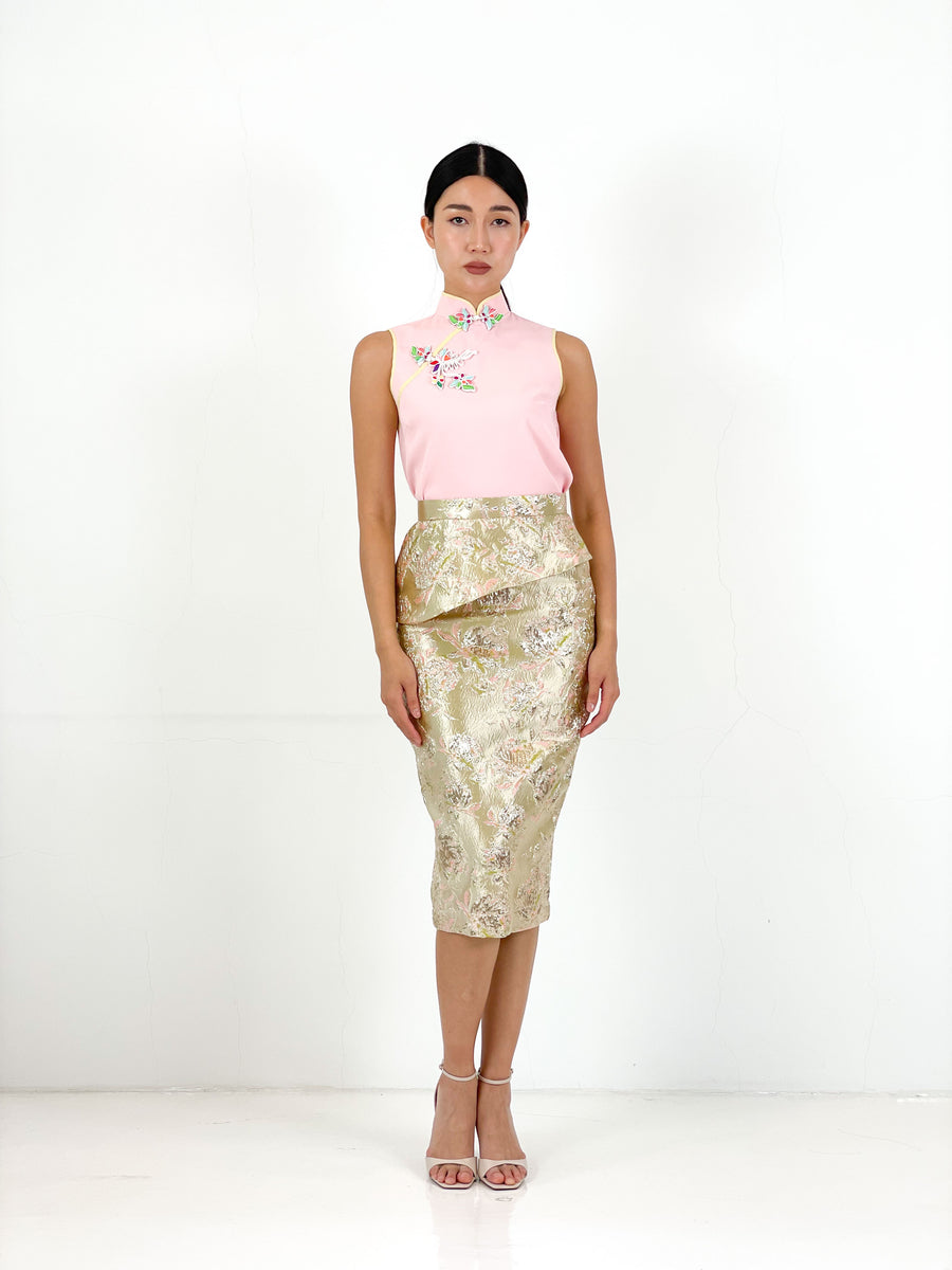 Brocade Peplum Pencil Skirt | Mint Pink