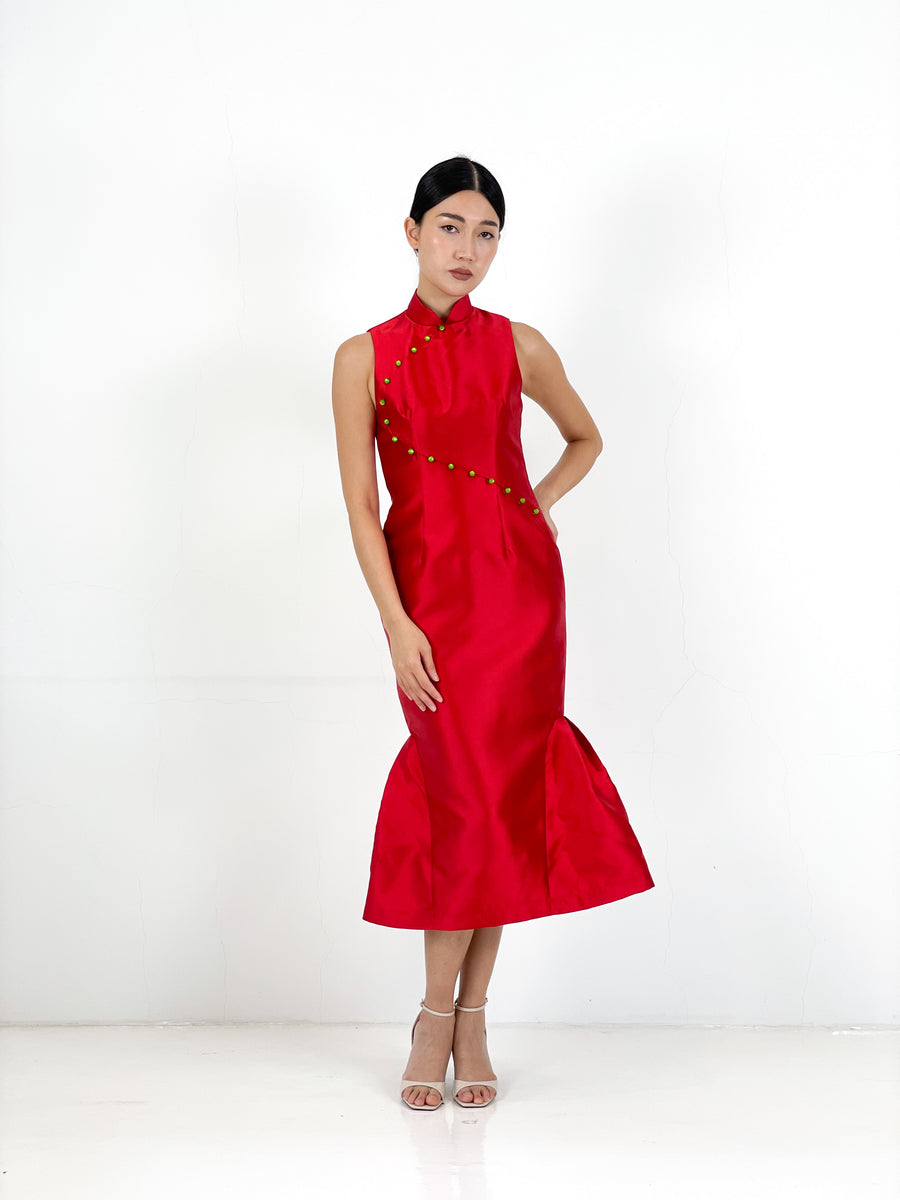 Brocade Mermaid Midi Qipao | Red