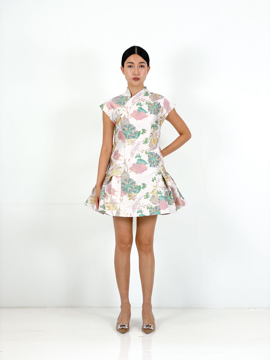 Brocade Jade Button Shift Qipao | Pink Floral