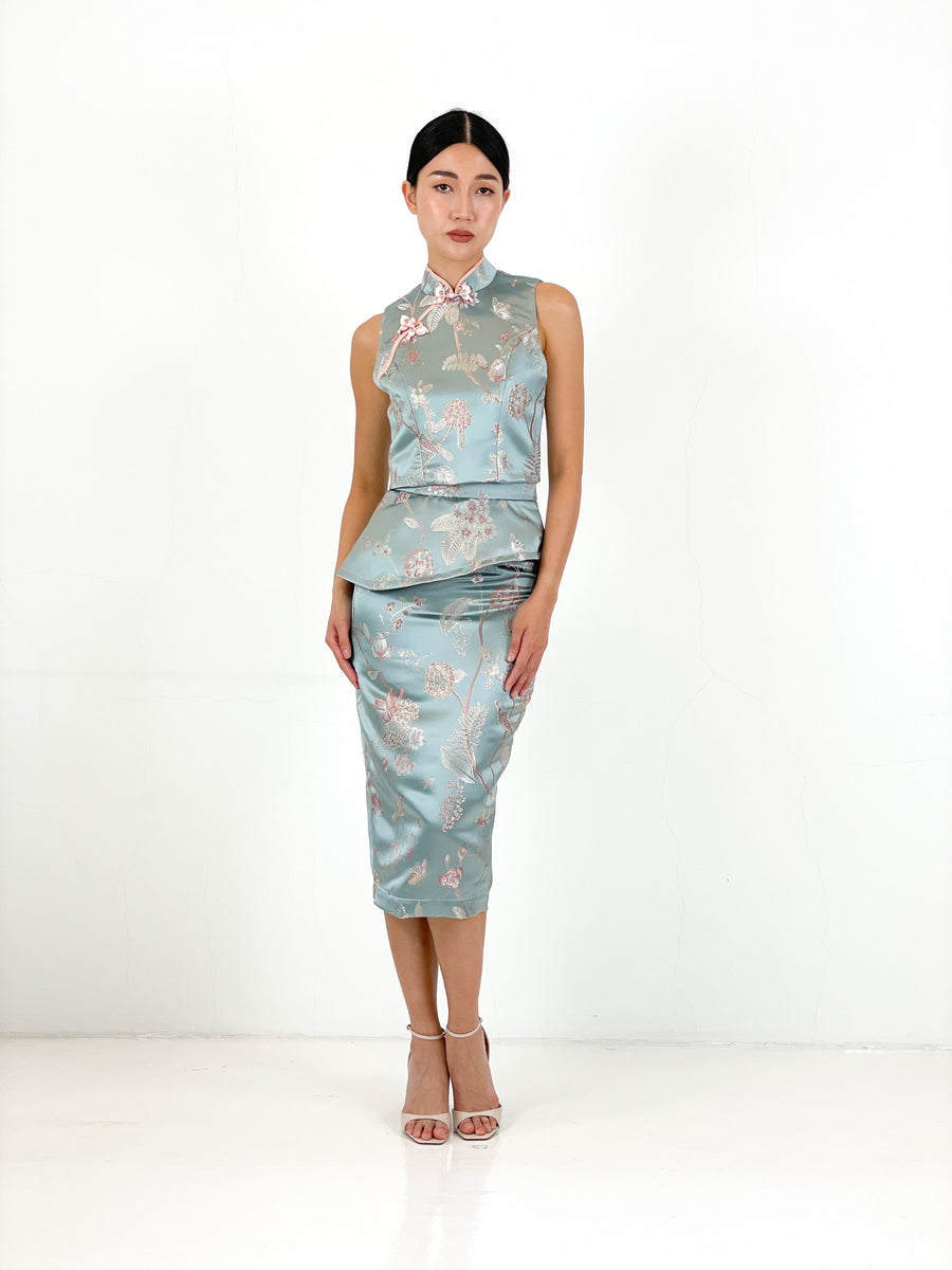 Brocade Peplum Pencil Skirt | Blue Chinoiserie