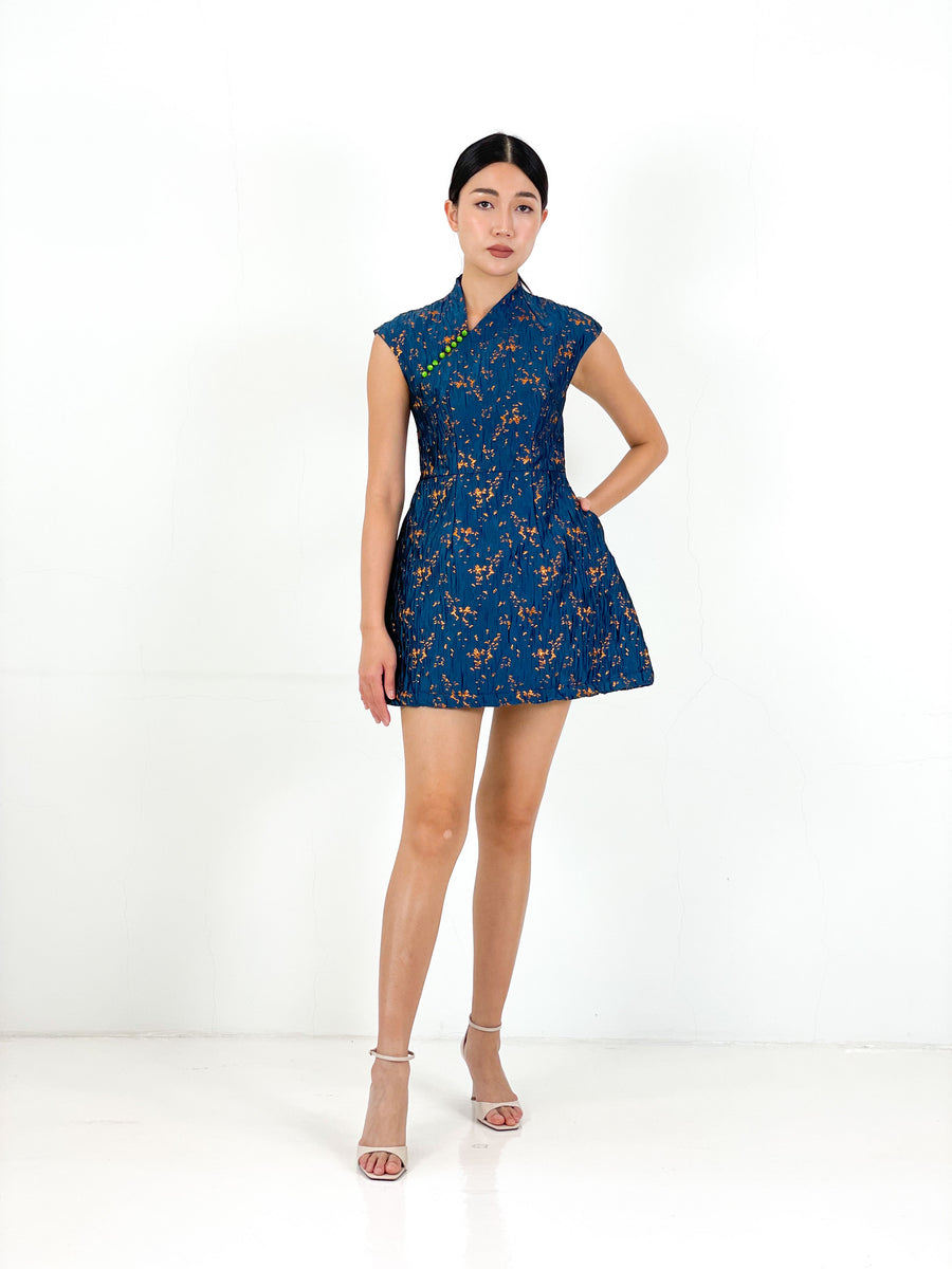 Brocade Jade Button Minimalist MiniQipao | Navy