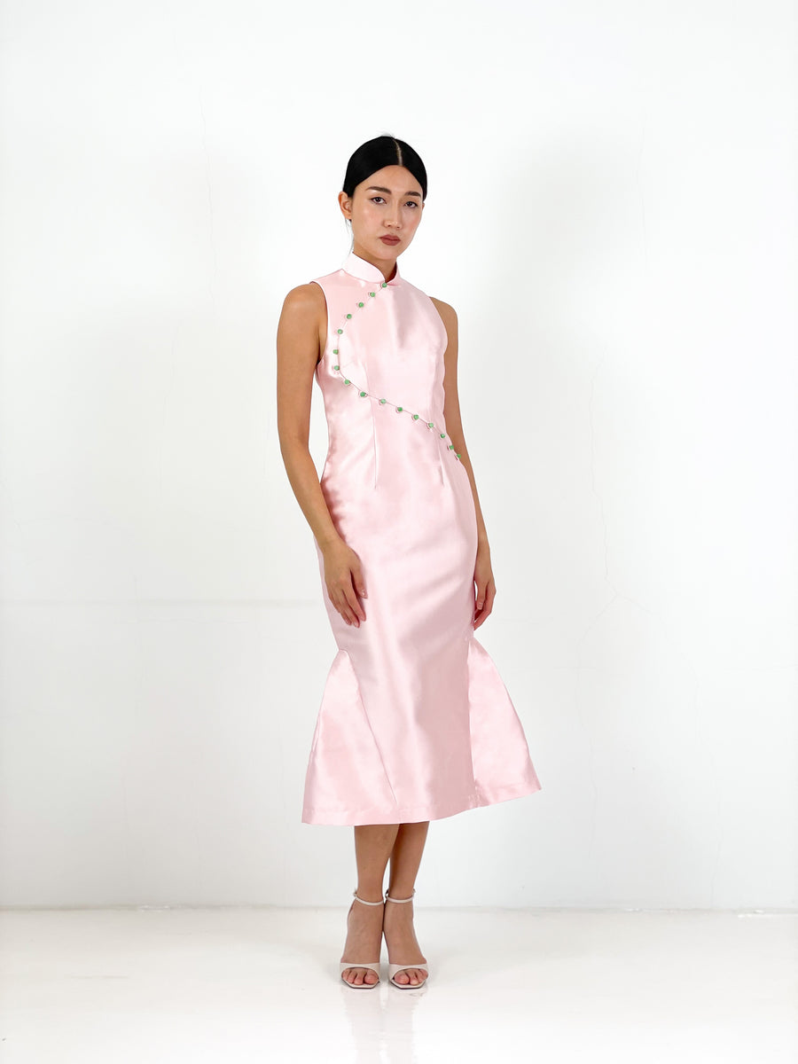 Brocade Mermaid Midi Qipao | Pink