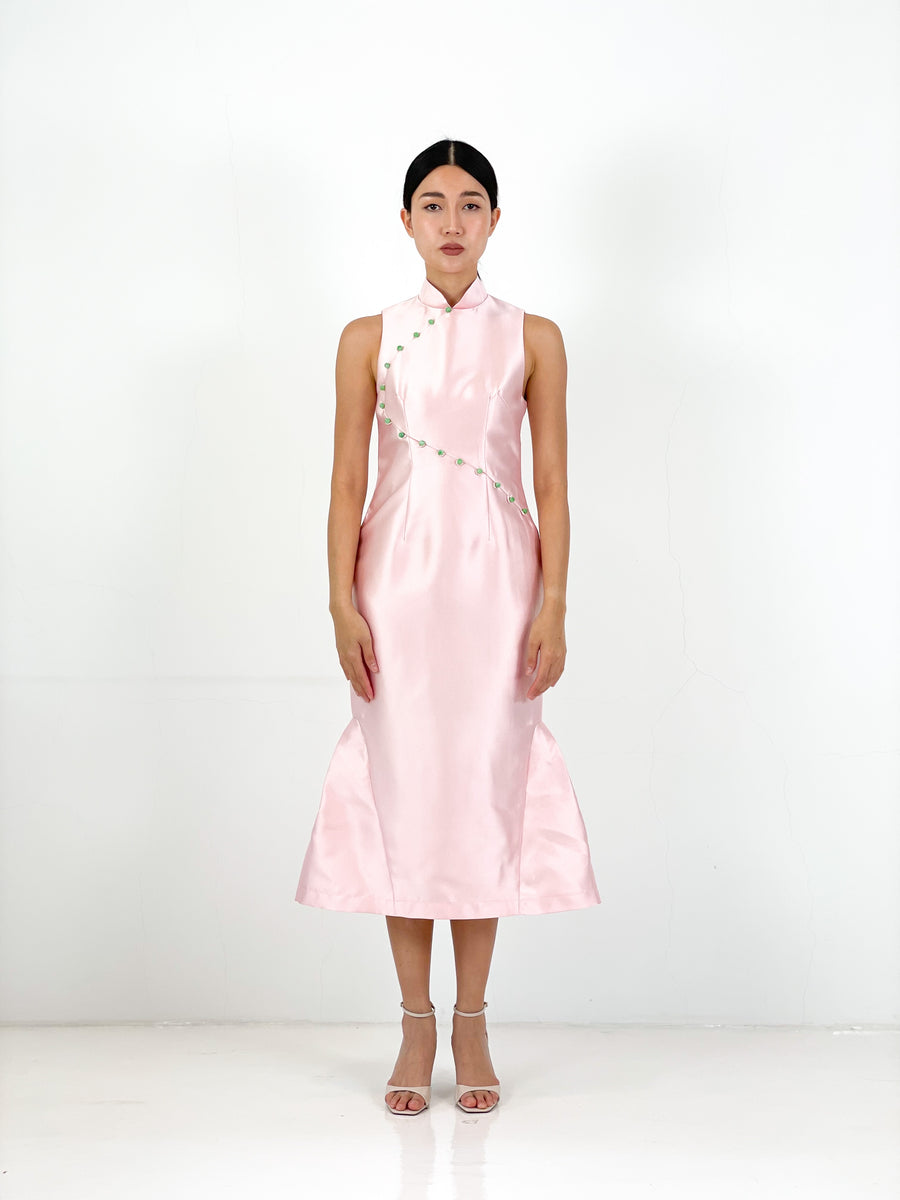 Brocade Mermaid Midi Qipao | Pink