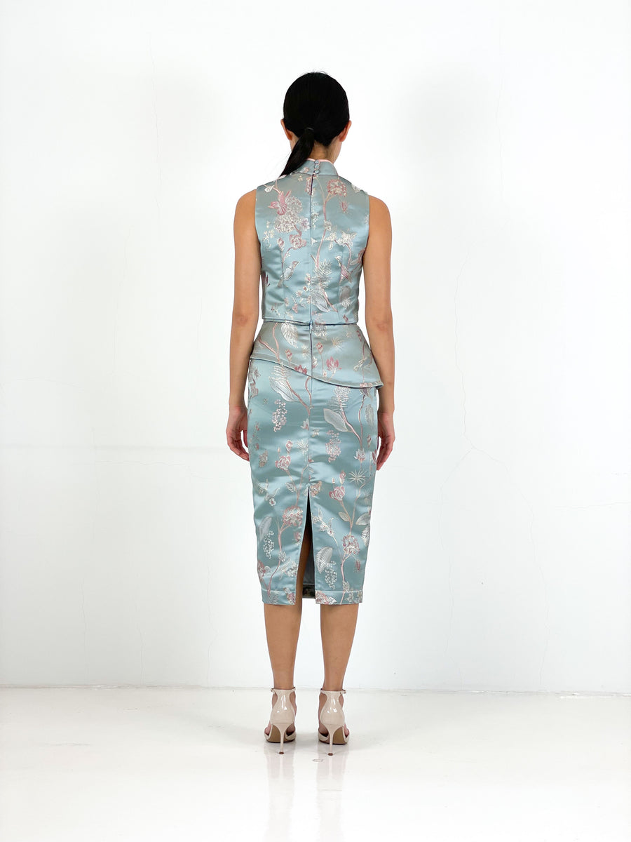 Brocade Peplum Pencil Skirt | Blue Chinoiserie