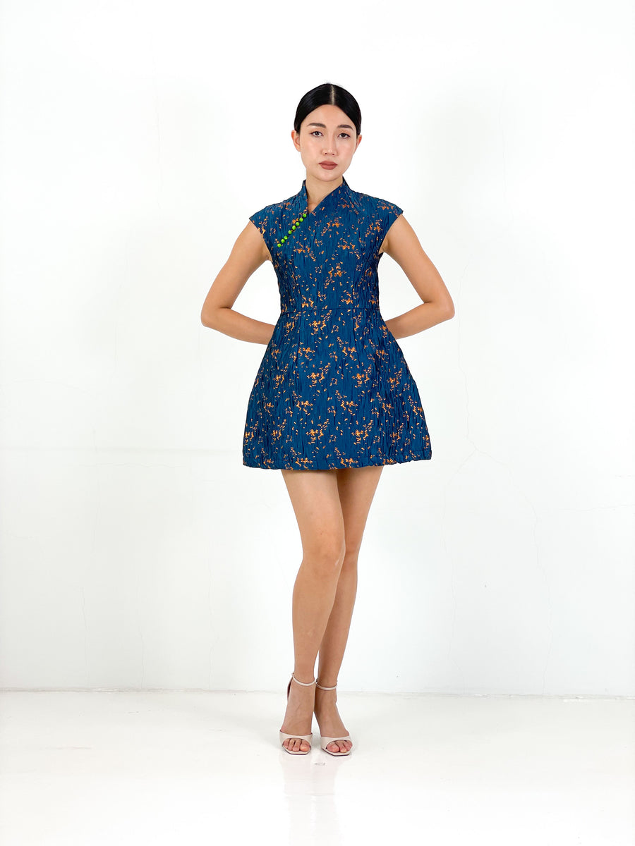 Brocade Jade Button Minimalist MiniQipao | Navy