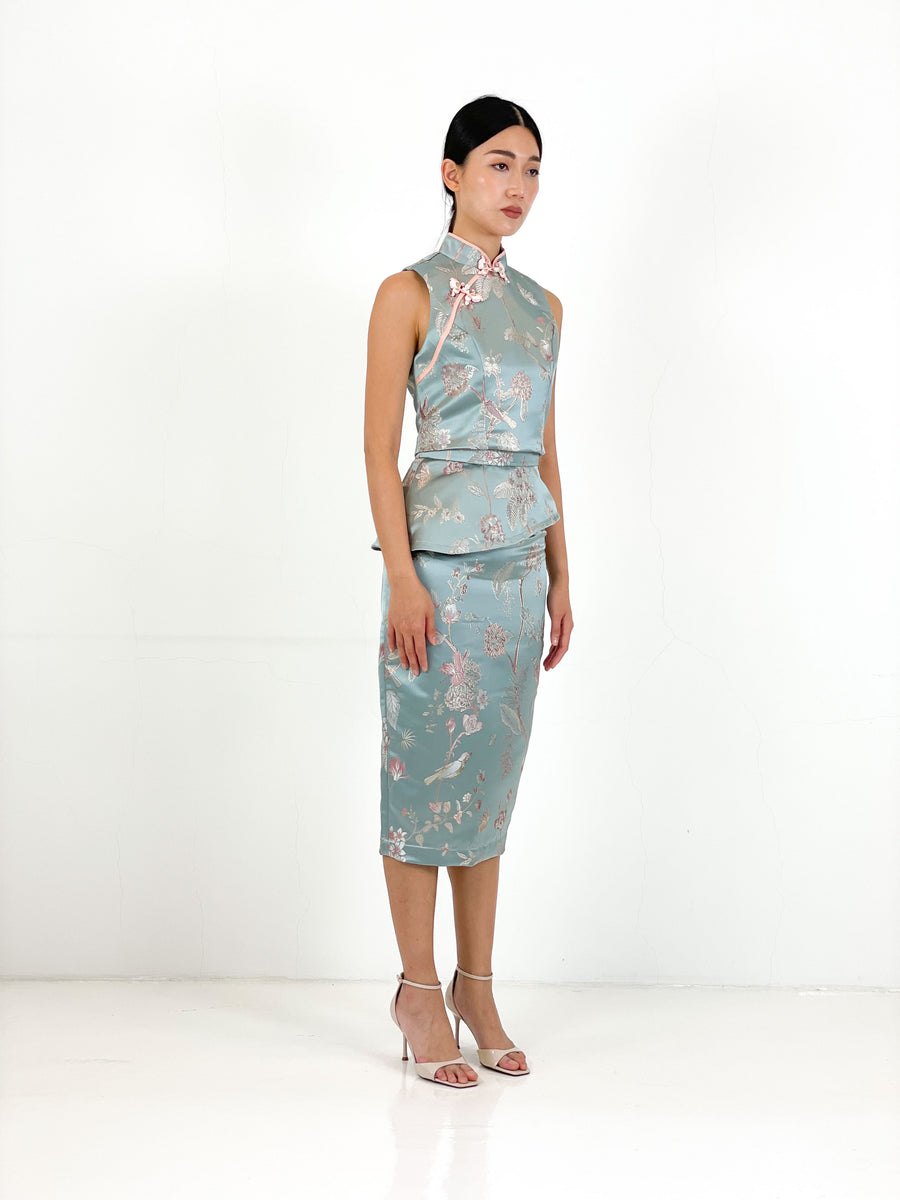 Brocade Peplum Pencil Skirt | Blue Chinoiserie