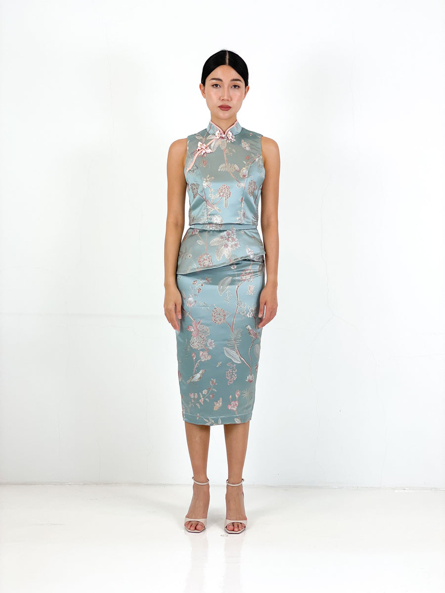 Brocade Peplum Pencil Skirt | Blue Chinoiserie