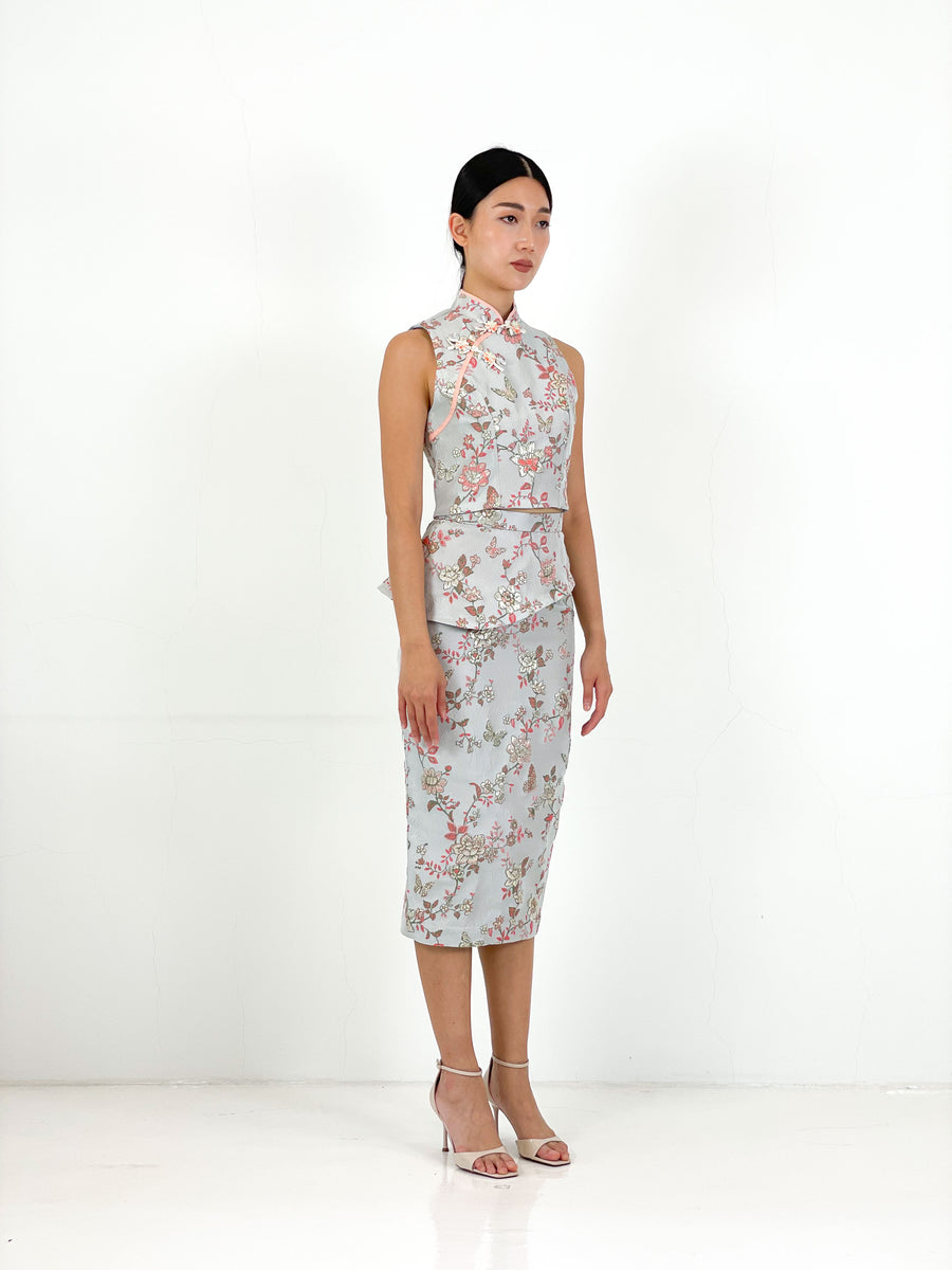 Brocade Peplum Pencil Skirt | Silver Chinoiserie