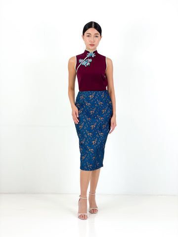 Brocade Pencil Skirt | Navy