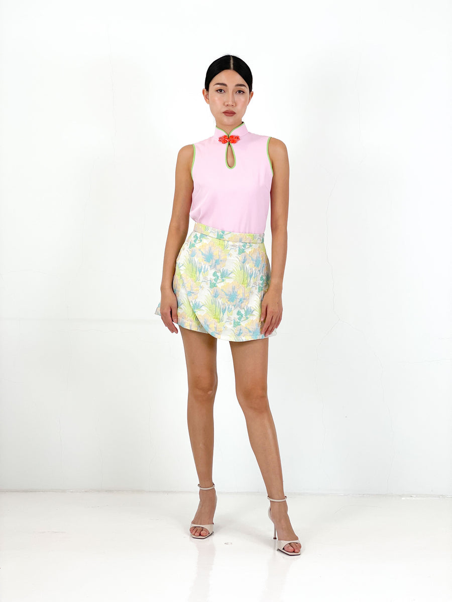 Contrast Sleeveless Keyhole Qipao Top | Pink