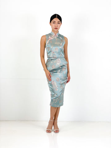 Brocade Peplum Pencil Skirt | Blue Chinoiserie