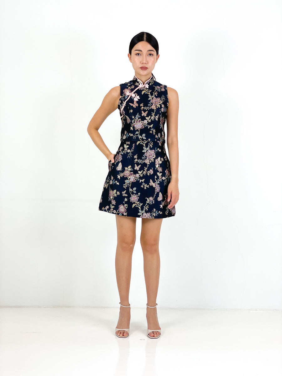 Brocade Qipao Crop Top | Navy