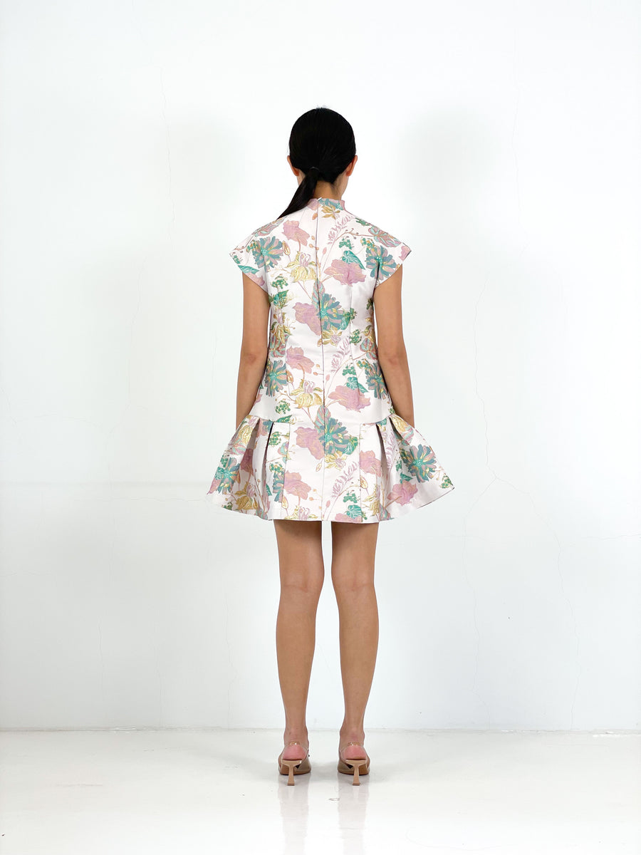 Brocade Jade Button Shift Qipao | Pink Floral