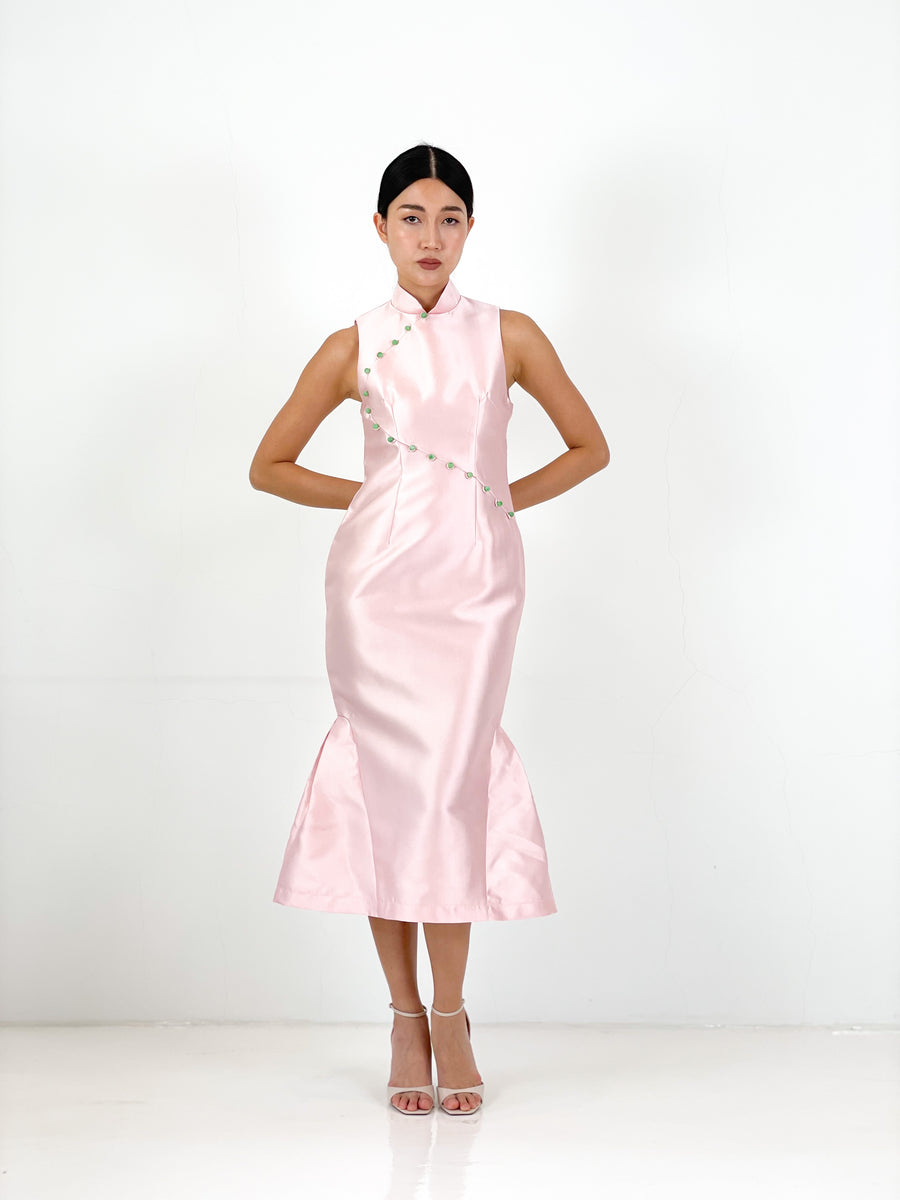 Brocade Mermaid Midi Qipao | Pink