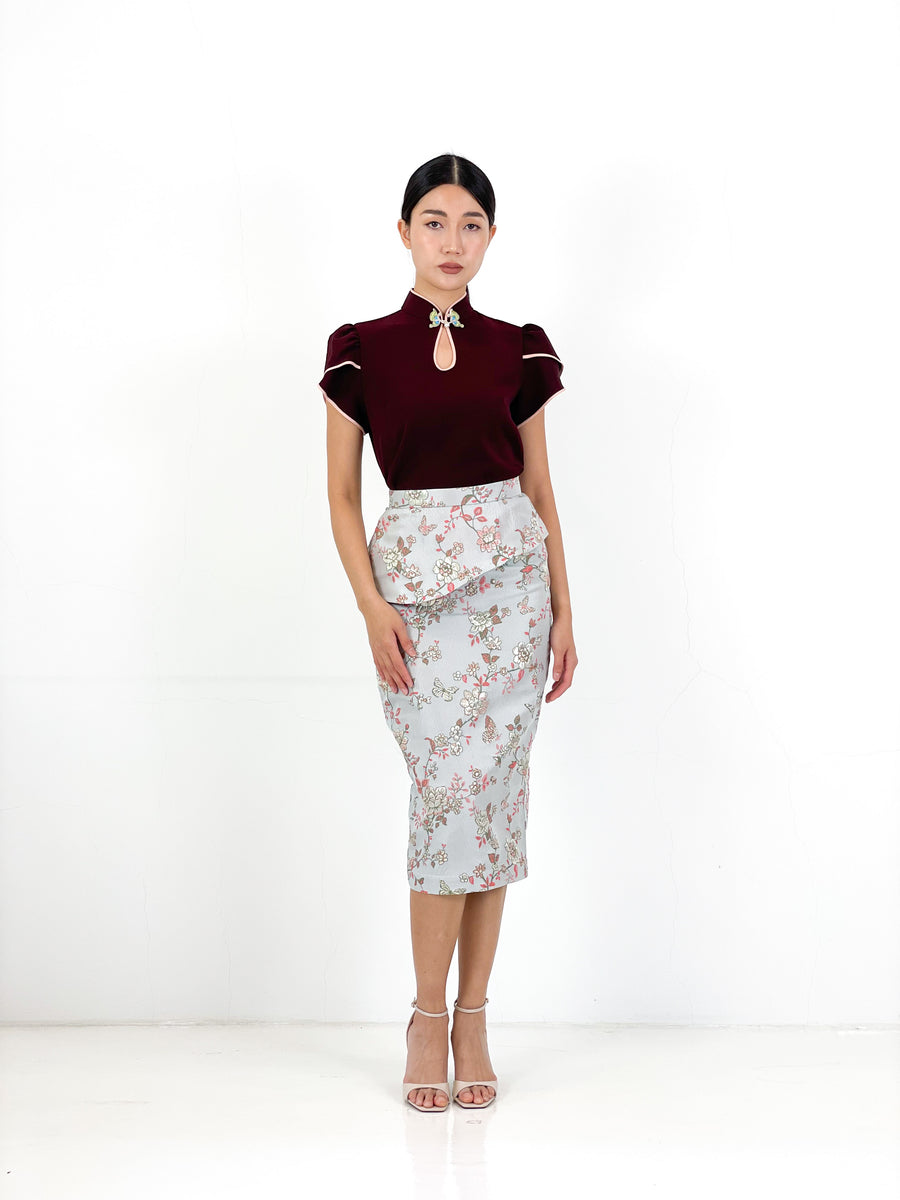 Brocade Peplum Pencil Skirt | Silver Chinoiserie