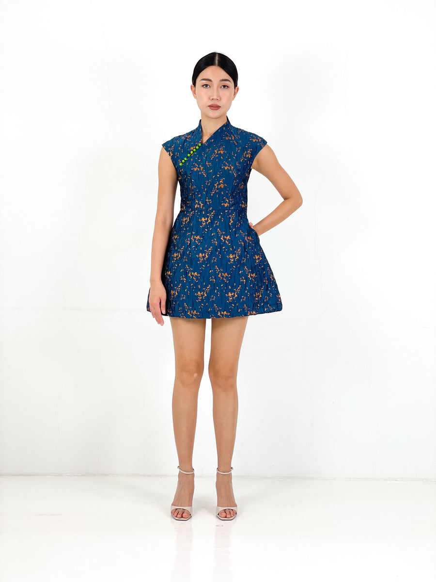 Brocade Jade Button Minimalist MiniQipao | Navy