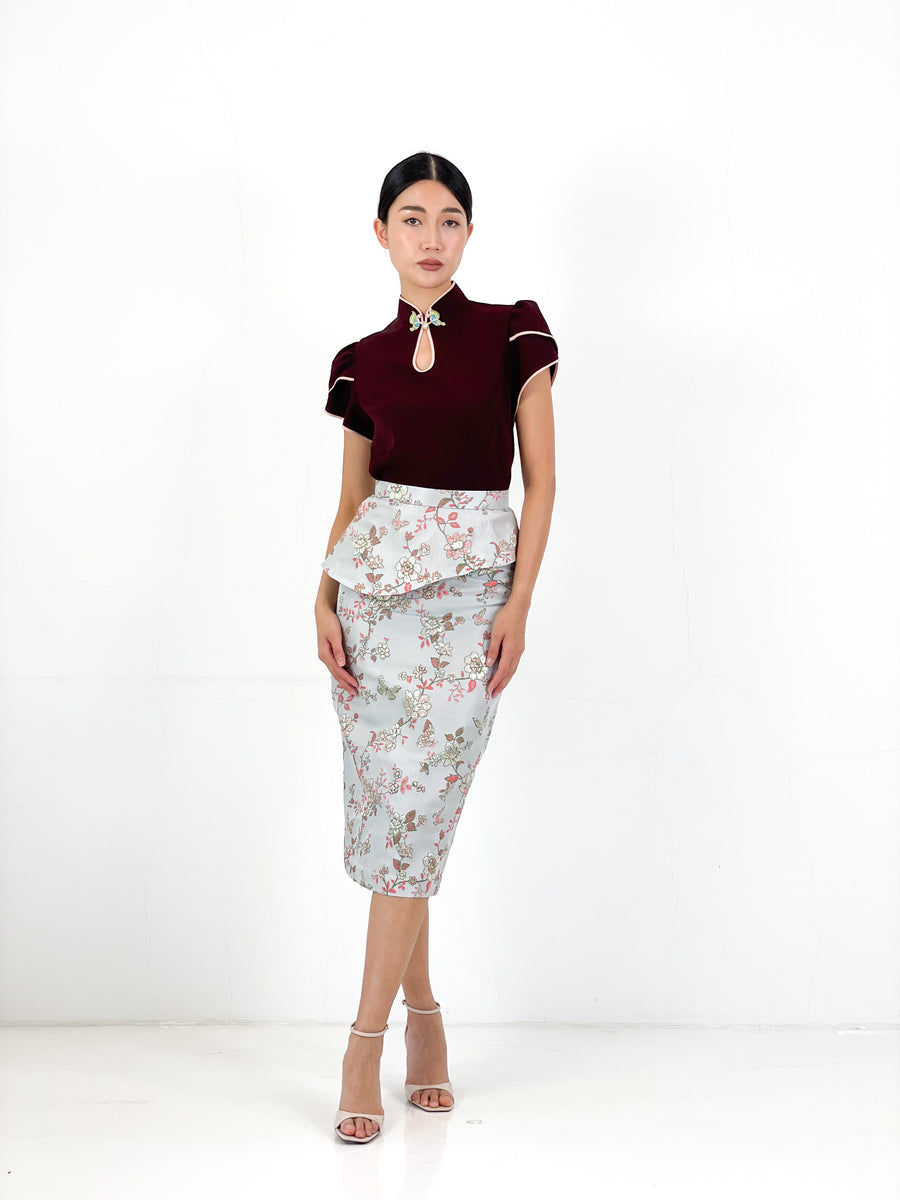 Brocade Peplum Pencil Skirt | Silver Chinoiserie