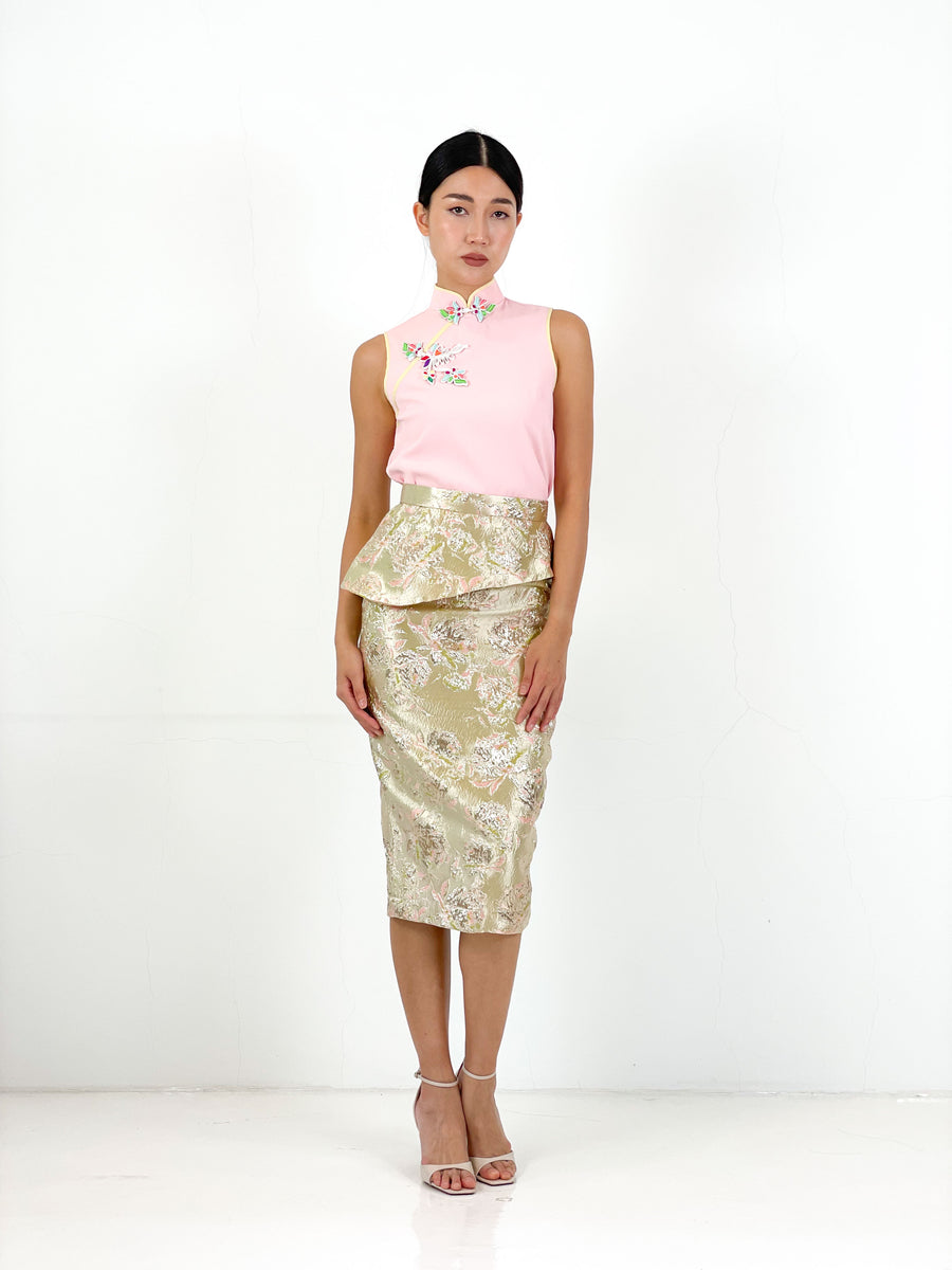 Brocade Peplum Pencil Skirt | Mint Pink