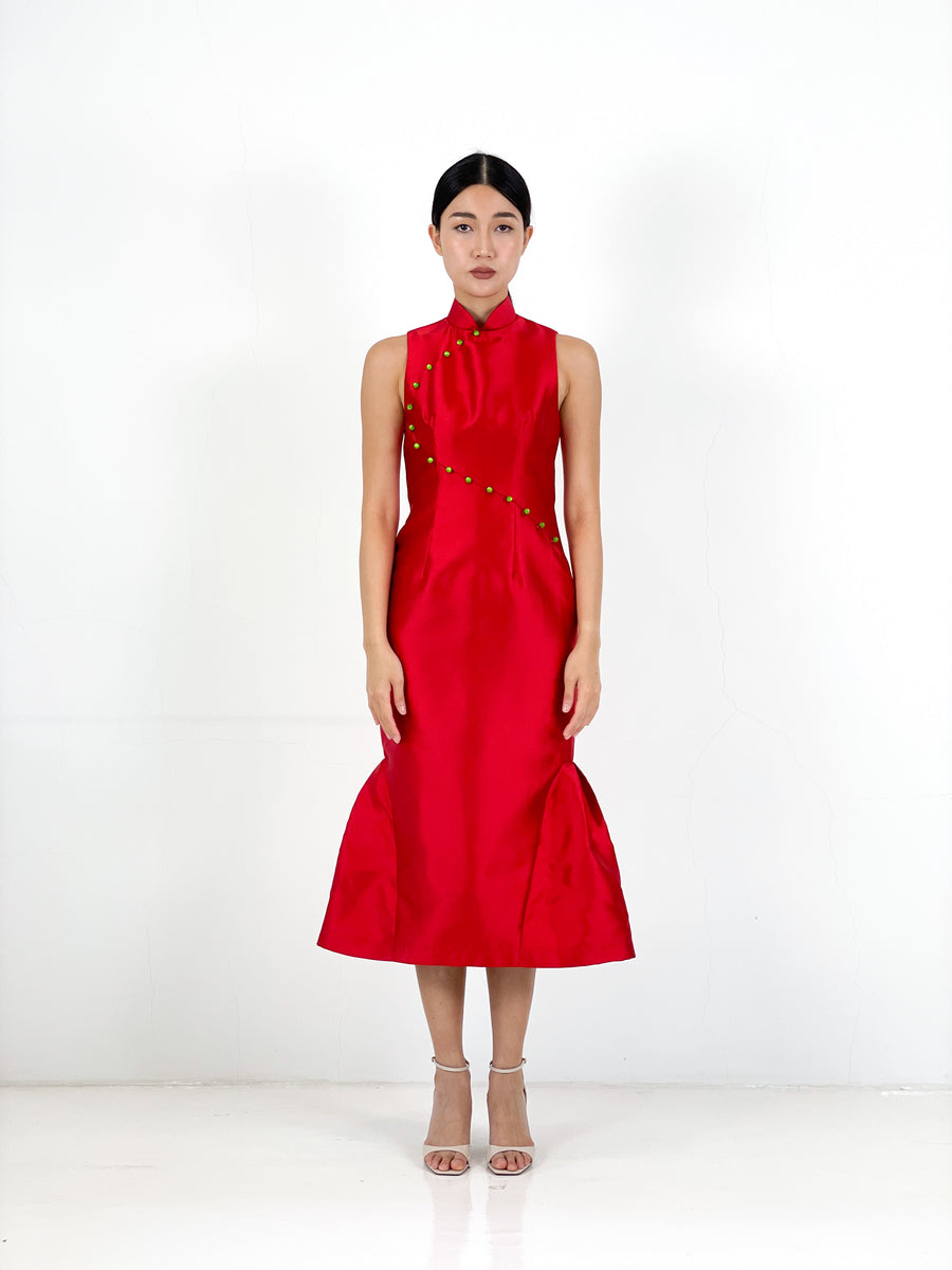 Brocade Mermaid Midi Qipao | Red