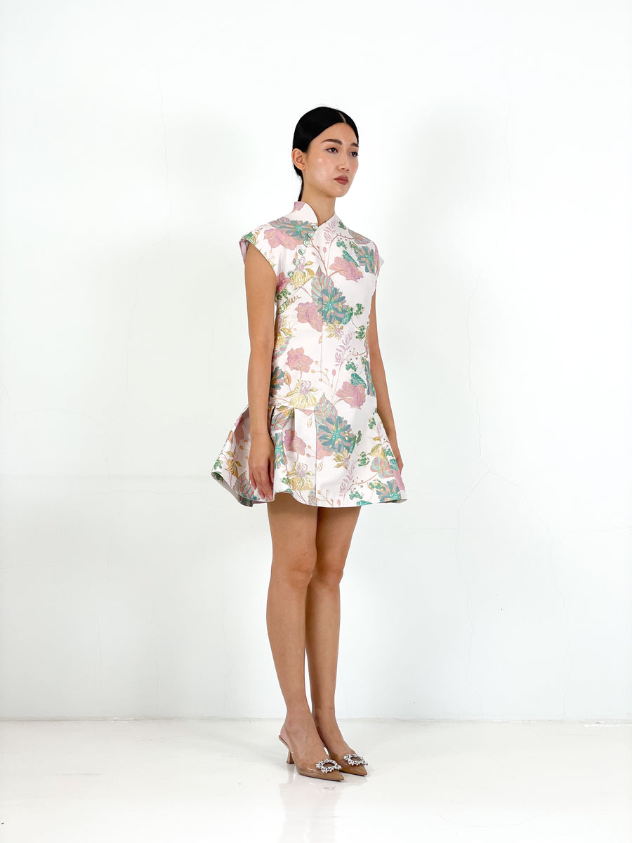 Brocade Jade Button Shift Qipao | Pink Floral