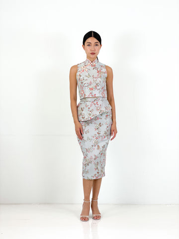 Brocade Peplum Pencil Skirt | Silver Chinoiserie