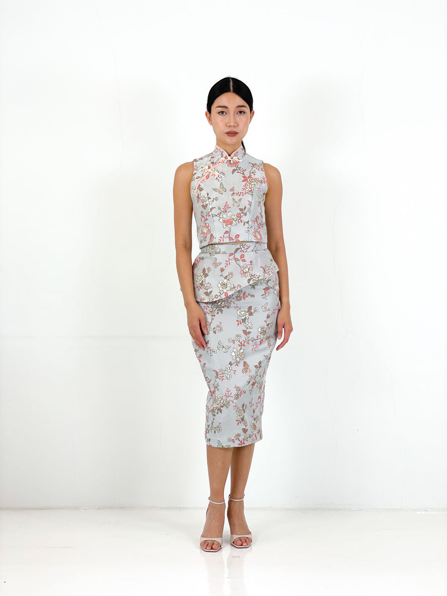 Brocade Peplum Pencil Skirt | Silver Chinoiserie