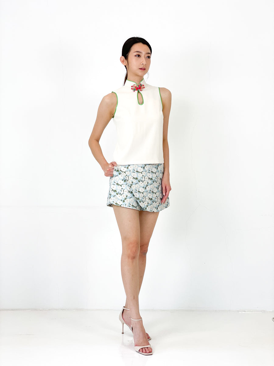 Contrast Sleeveless Keyhole Qipao Top | Corn