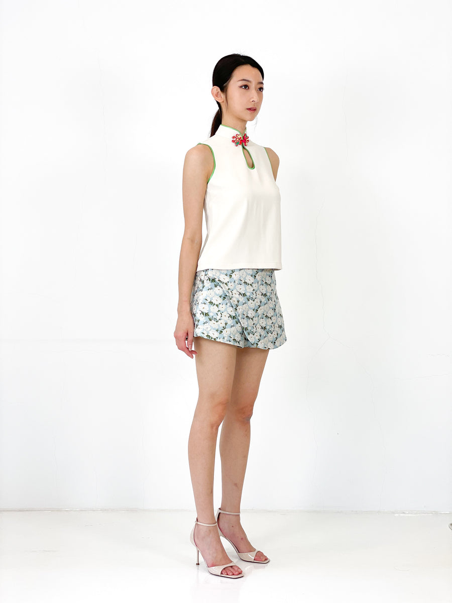 Contrast Sleeveless Keyhole Qipao Top | Corn