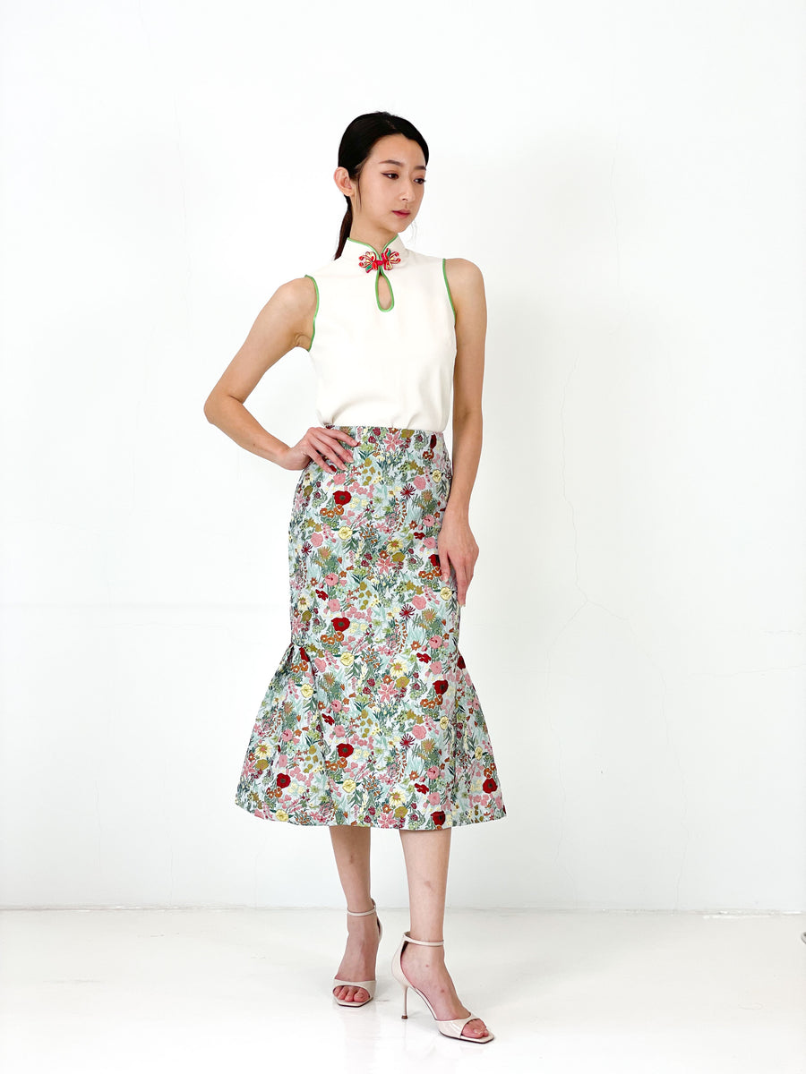 Brocade Mermaid Pencil Skirt | Green Floral