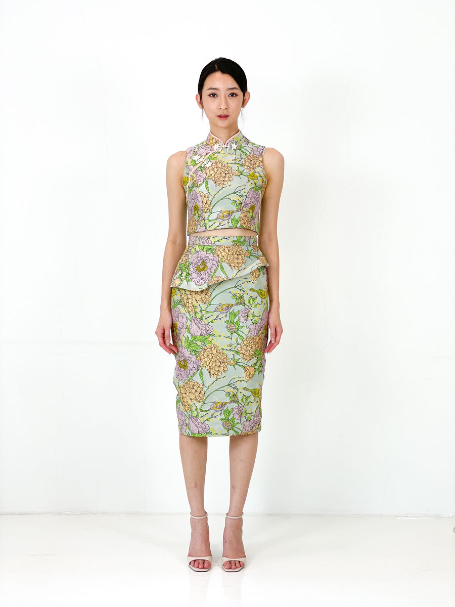 Brocade Peplum Pencil Skirt | Green Chinoiserie