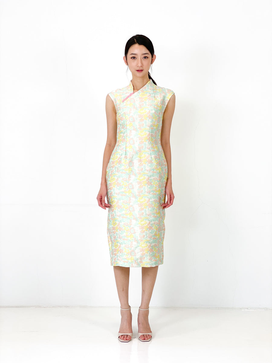 Brocade Jade Button Minimalist Midi Qipao | Pastel Floral