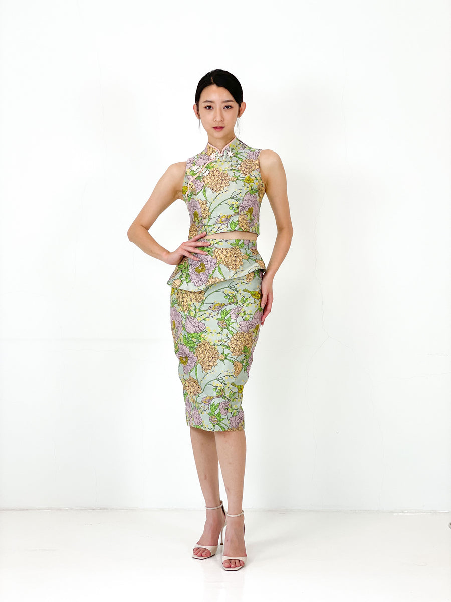 Brocade Peplum Pencil Skirt | Green Chinoiserie