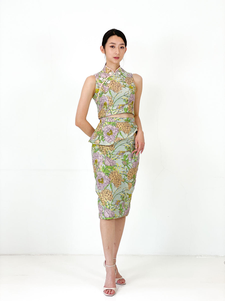 Brocade Peplum Pencil Skirt | Green Chinoiserie