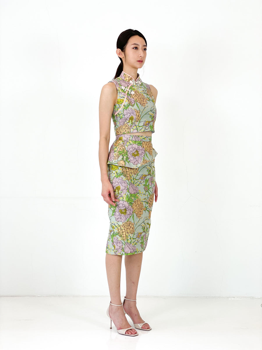 Brocade Peplum Pencil Skirt | Green Chinoiserie