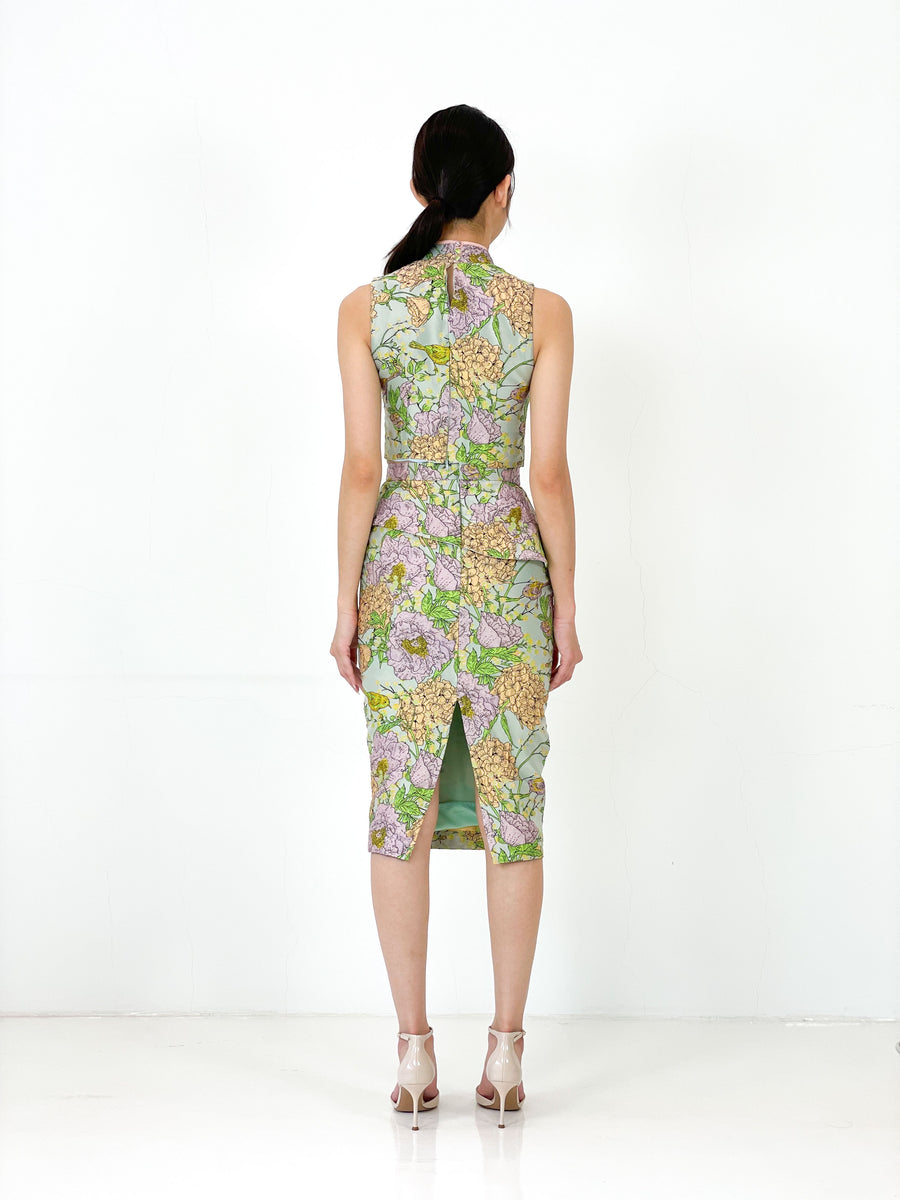 Brocade Peplum Pencil Skirt | Green Chinoiserie