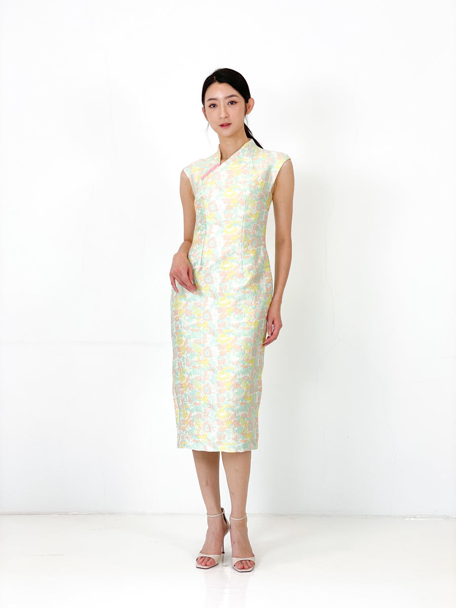 Brocade Jade Button Minimalist Midi Qipao | Pastel Floral