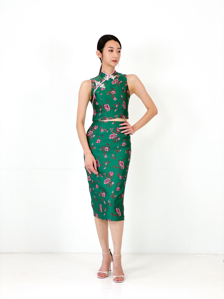 Brocade Pencil Skirt | Forest Green