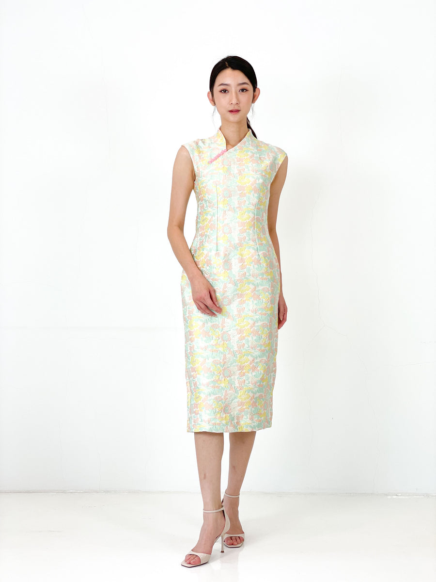 Brocade Jade Button Minimalist Midi Qipao | Pastel Floral