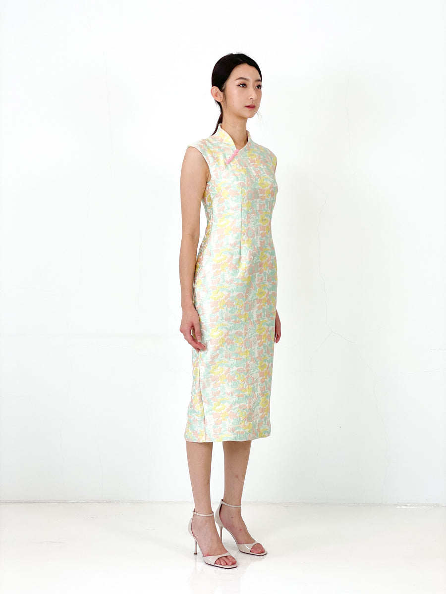 Brocade Jade Button Minimalist Midi Qipao | Pastel Floral