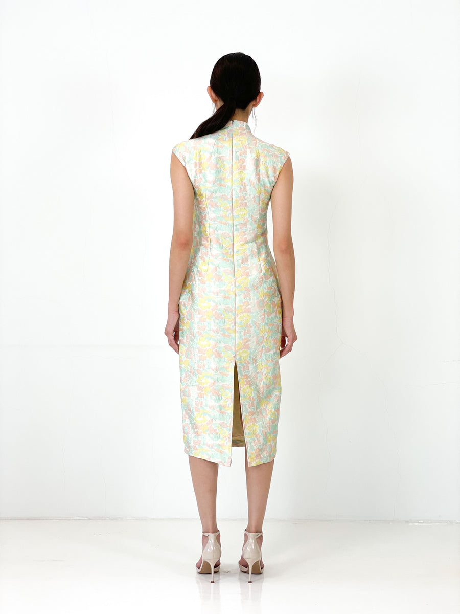 Brocade Jade Button Minimalist Midi Qipao | Pastel Floral