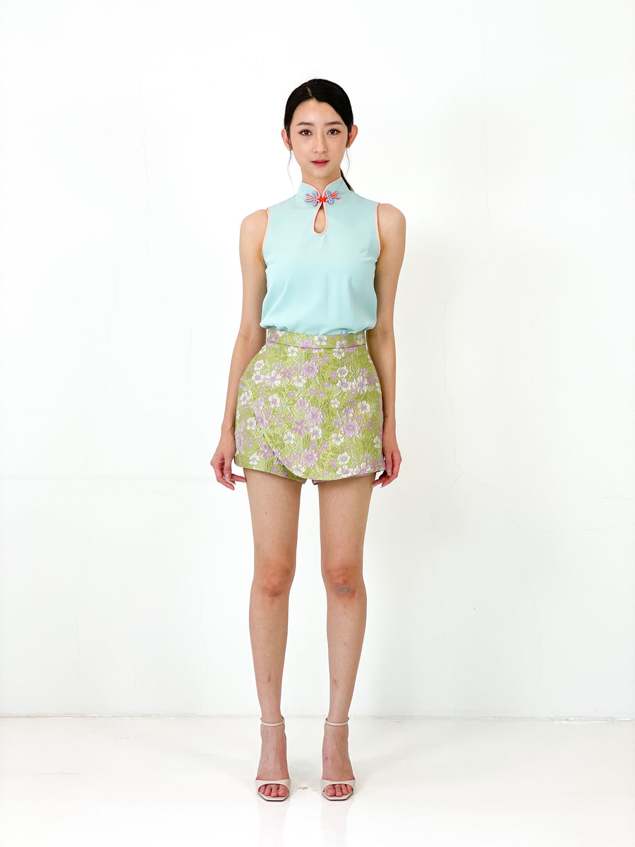 Contrast Sleeveless Keyhole Qipao Top | Jade