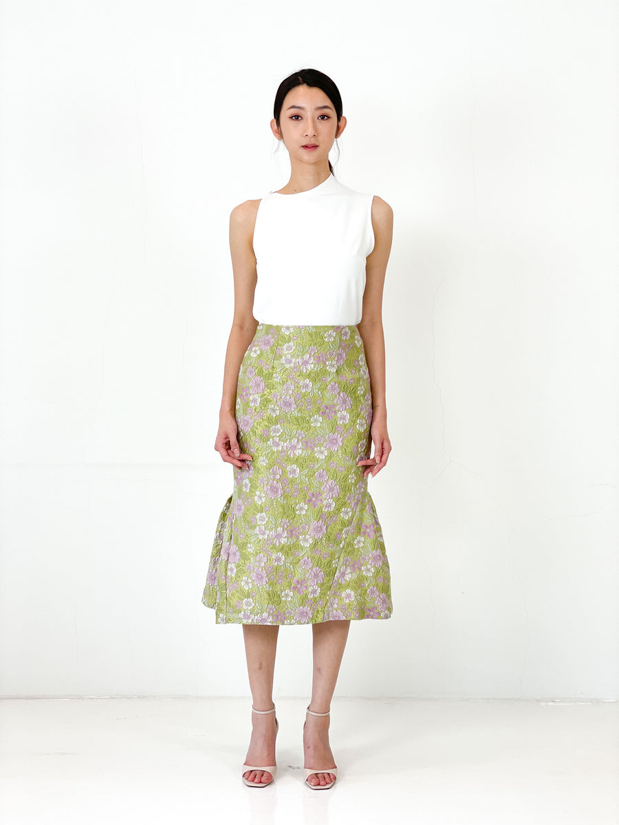 Brocade Mermaid Pencil Skirt | Green Pink