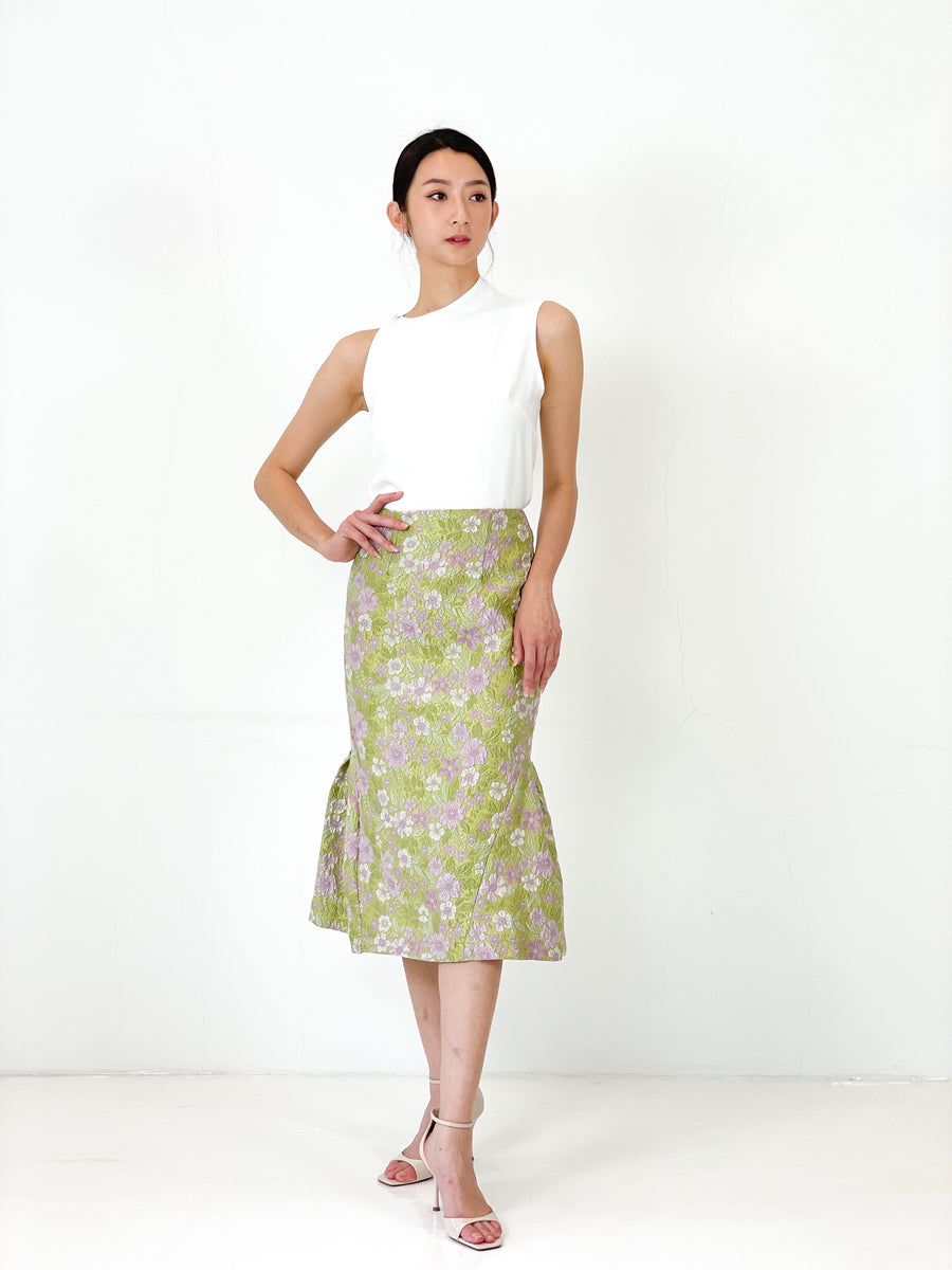 Brocade Mermaid Pencil Skirt | Green Pink