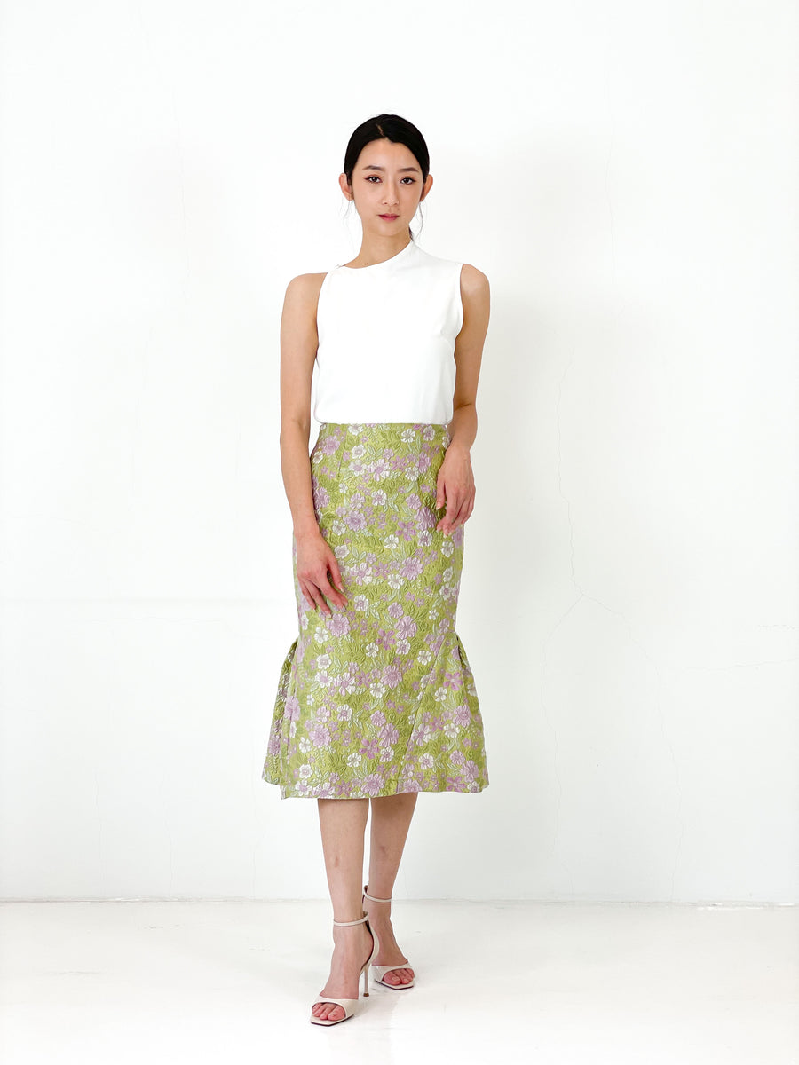 Brocade Mermaid Pencil Skirt | Green Pink