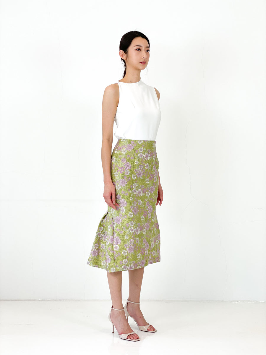 Brocade Mermaid Pencil Skirt | Green Pink