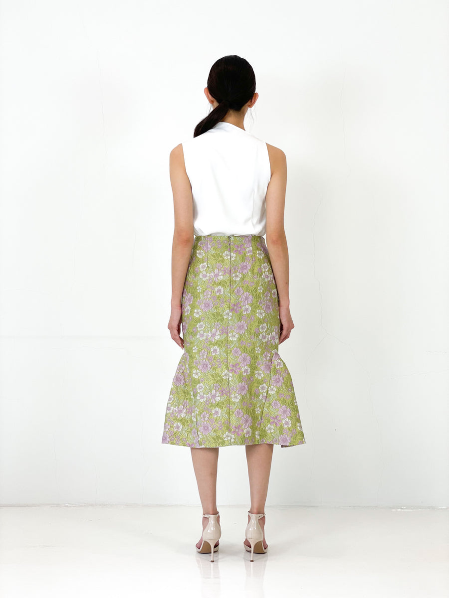 Brocade Mermaid Pencil Skirt | Green Pink