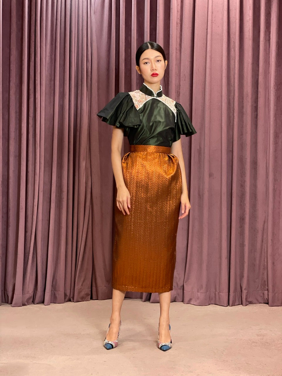 Pleated Brocade Pencil Skirt | Bronze Chevron